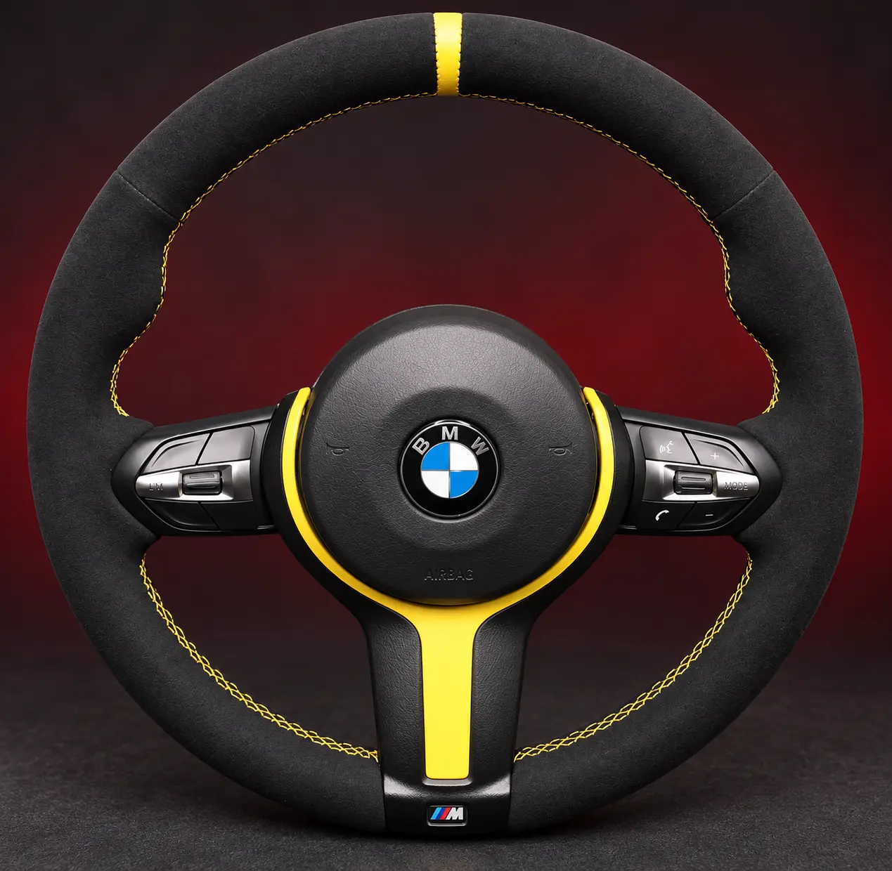BMW F Serisi sarı dikiş, sarı merkez şeridi ve sarı trimli orijinal Alcantara direksiyon