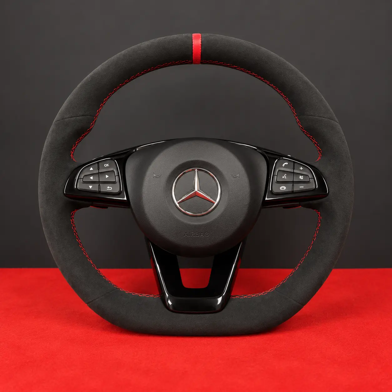 Mercedes CLA kırmızı dikiş ve kırmızı merkez şeritli orijinal Alcantara direksiyon