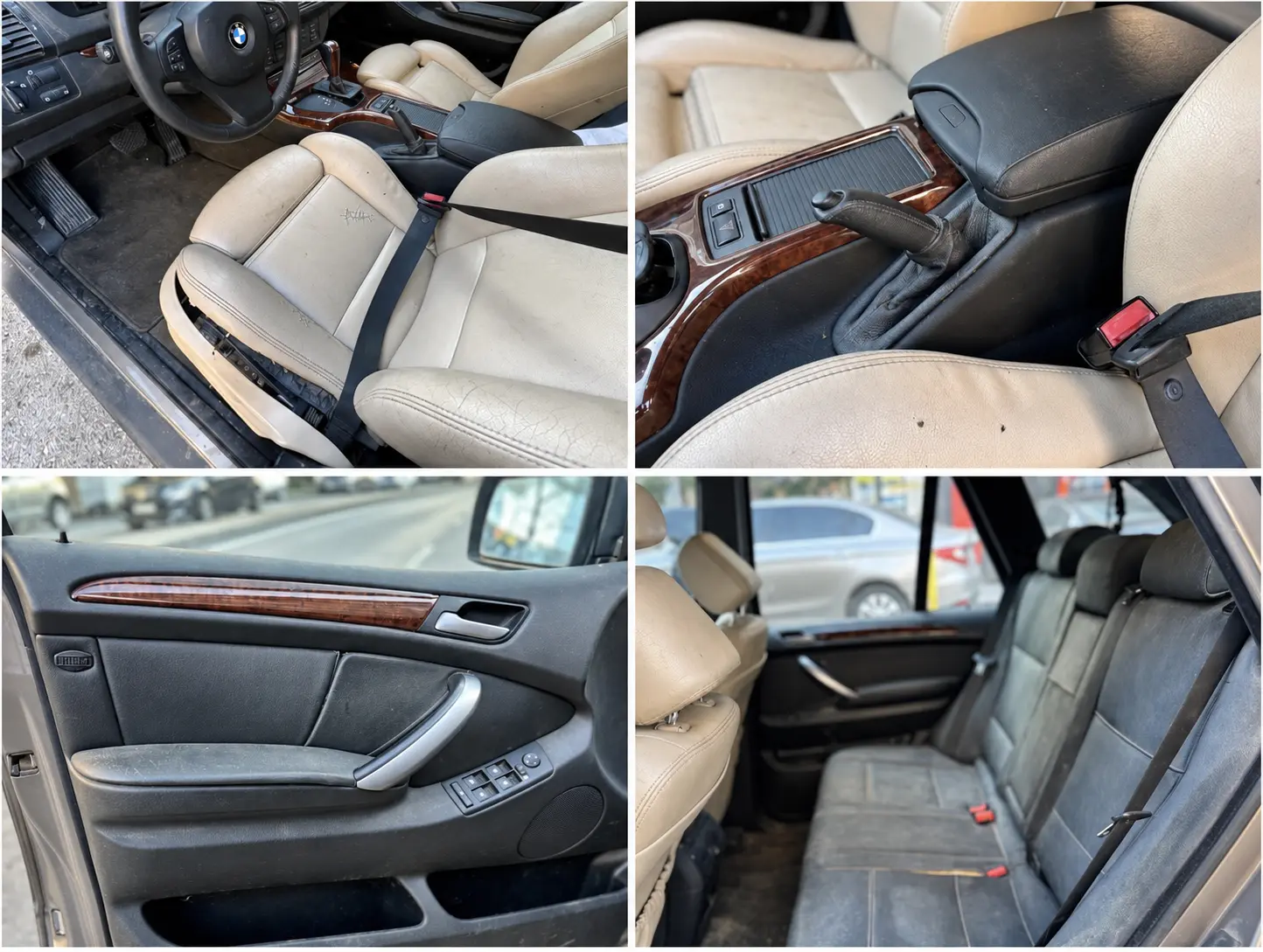 BMW X5 E53 yenileme öncesi yıpranmış bej koltuk ve kapı döşemeleri