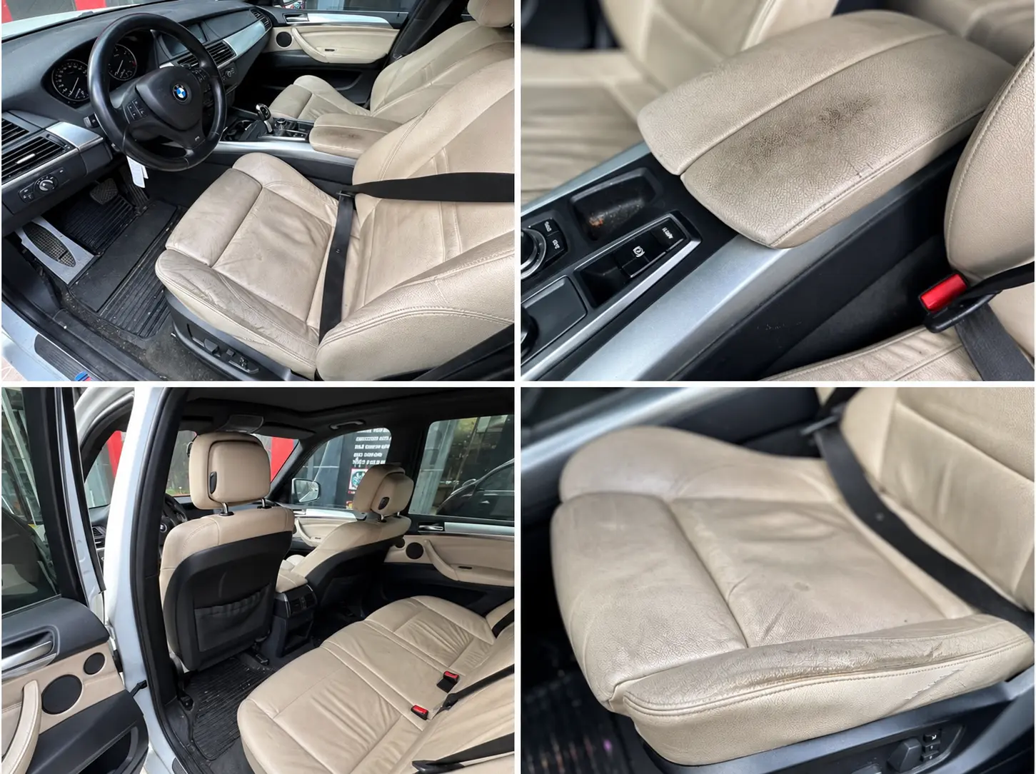 BMW X5 E70 yenileme öncesi yıpranmış bej deri koltuklar ve kol dayama