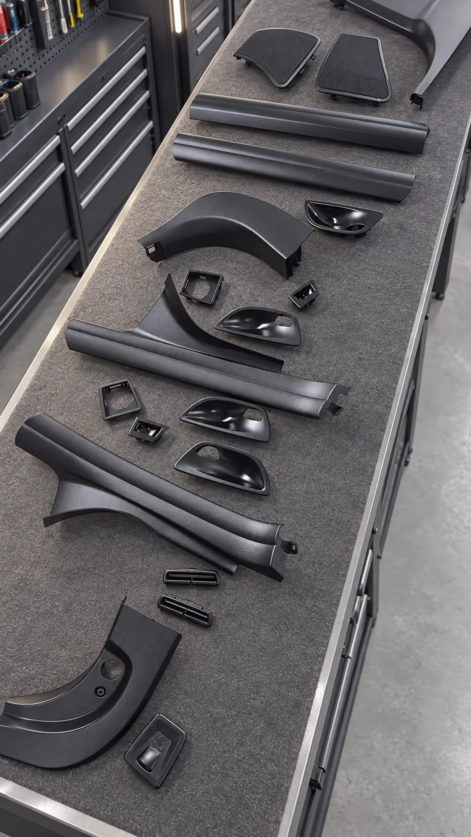 Corvette C6 siyah iç plastik trim parçaları işlem sonrası