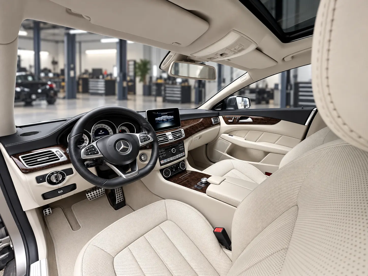 Mercedes CLS 350 krem hakiki deri ön koltuk ve kokpit